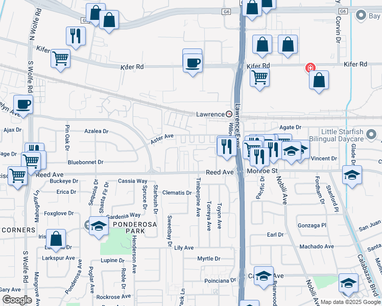 map of restaurants, bars, coffee shops, grocery stores, and more near 1042 Reed Terrace in Sunnyvale