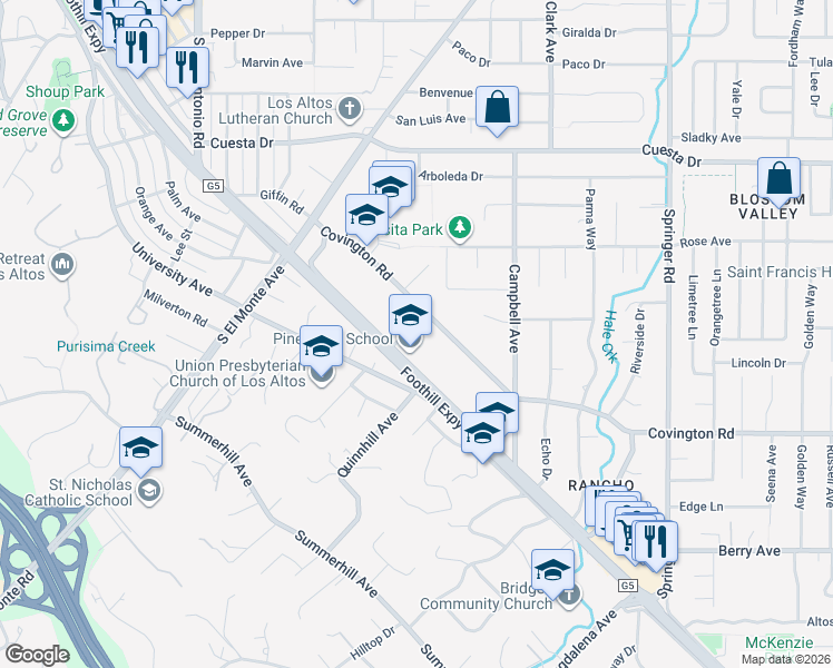 map of restaurants, bars, coffee shops, grocery stores, and more near 341 Bellevue Court in Los Altos