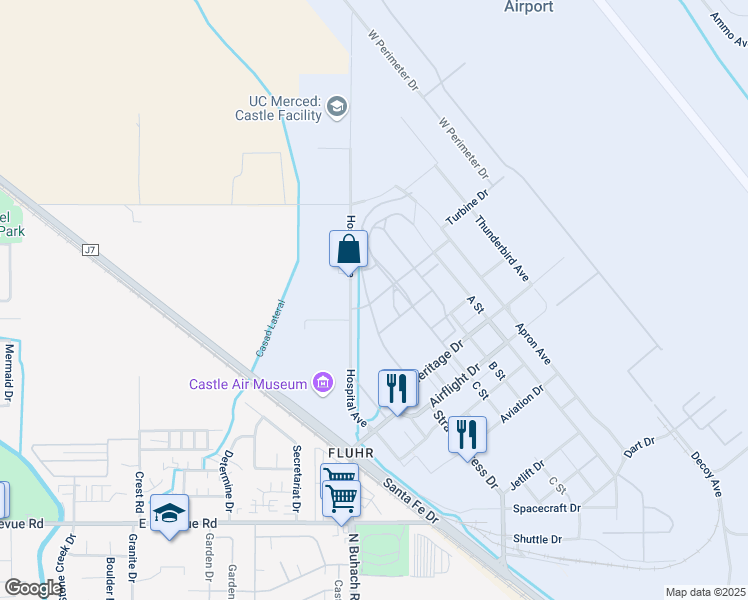 map of restaurants, bars, coffee shops, grocery stores, and more near Challenger Dr in Atwater