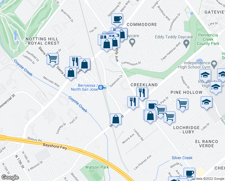 map of restaurants, bars, coffee shops, grocery stores, and more near 1608 Salamoni Court in San Jose