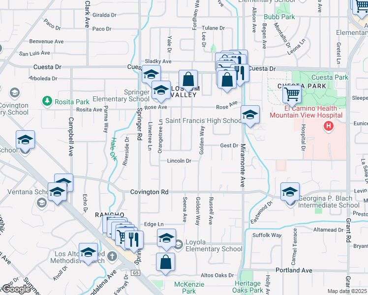 map of restaurants, bars, coffee shops, grocery stores, and more near 1887 Walnut Drive in Mountain View