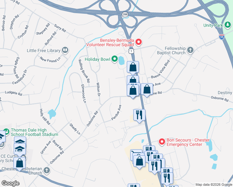 map of restaurants, bars, coffee shops, grocery stores, and more near 2720 Osborne Road in Chester