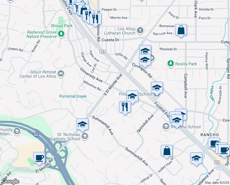 map of restaurants, bars, coffee shops, grocery stores, and more near 818 Amber Lane in Los Altos