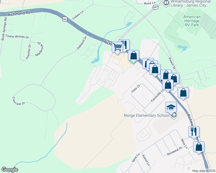 map of restaurants, bars, coffee shops, grocery stores, and more near 166 Old Church Road in Williamsburg