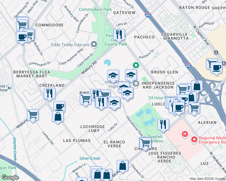 map of restaurants, bars, coffee shops, grocery stores, and more near 26 Educational Park Drive in San Jose