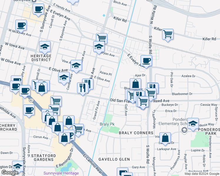 map of restaurants, bars, coffee shops, grocery stores, and more near 536 Hawthorn Avenue in Sunnyvale