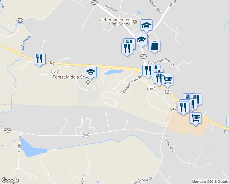 map of restaurants, bars, coffee shops, grocery stores, and more near 1021 Blue Ridge View Cir in Forest