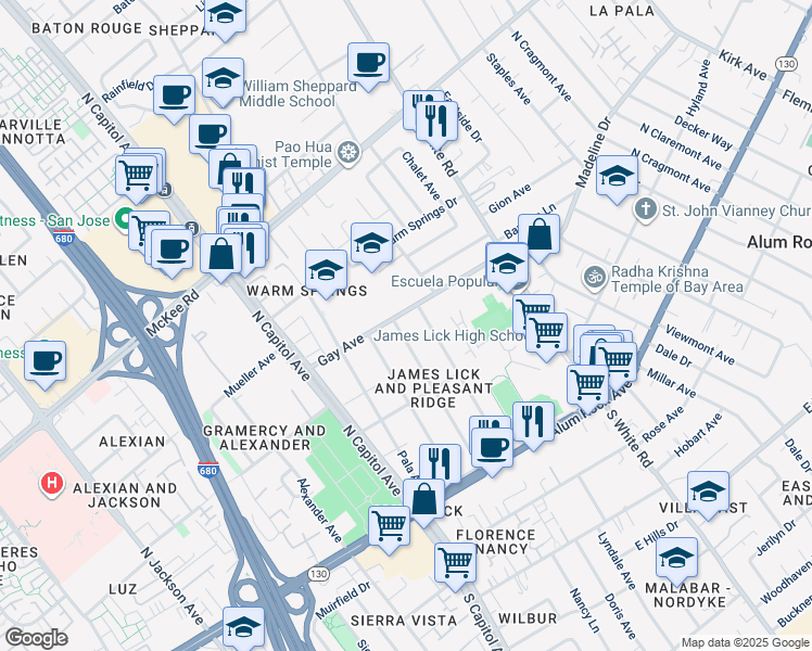 map of restaurants, bars, coffee shops, grocery stores, and more near 144 Pleasant Ridge Avenue in San Jose