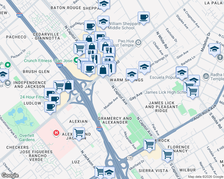 map of restaurants, bars, coffee shops, grocery stores, and more near 247 North Capitol Avenue in San Jose