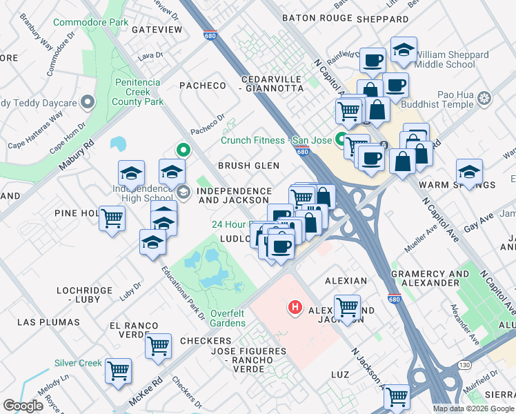 map of restaurants, bars, coffee shops, grocery stores, and more near 2302 Lanning Way in San Jose