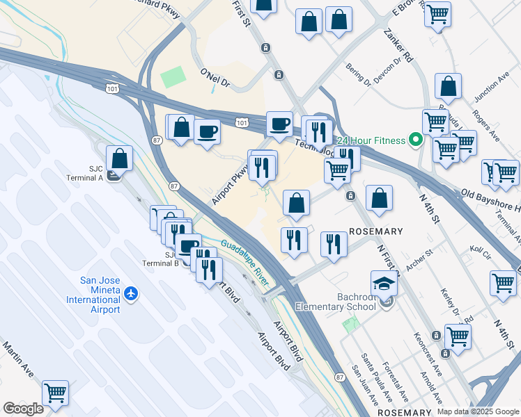 map of restaurants, bars, coffee shops, grocery stores, and more near 1741 Technology Drive in San Jose