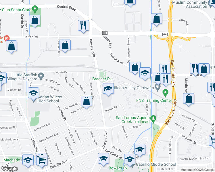 map of restaurants, bars, coffee shops, grocery stores, and more near 2500 Alhambra Drive in Santa Clara