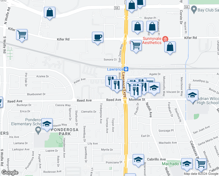 map of restaurants, bars, coffee shops, grocery stores, and more near 11558 Willow Avenue in Sunnyvale