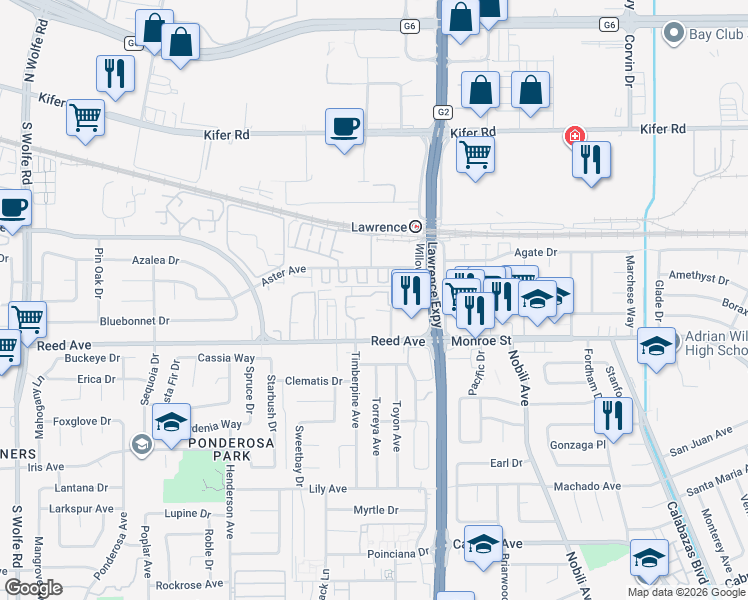 map of restaurants, bars, coffee shops, grocery stores, and more near 1117 Reed Avenue in Sunnyvale