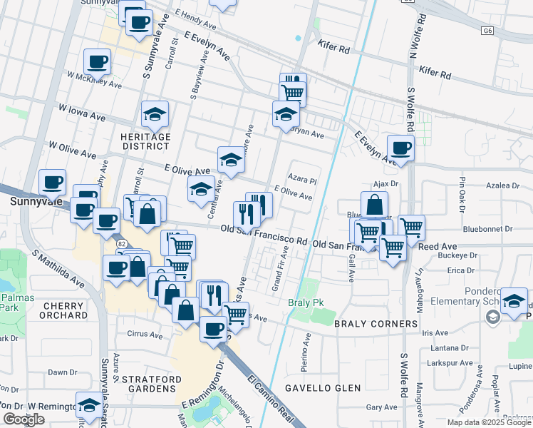 map of restaurants, bars, coffee shops, grocery stores, and more near 559 Firloch Avenue in Sunnyvale