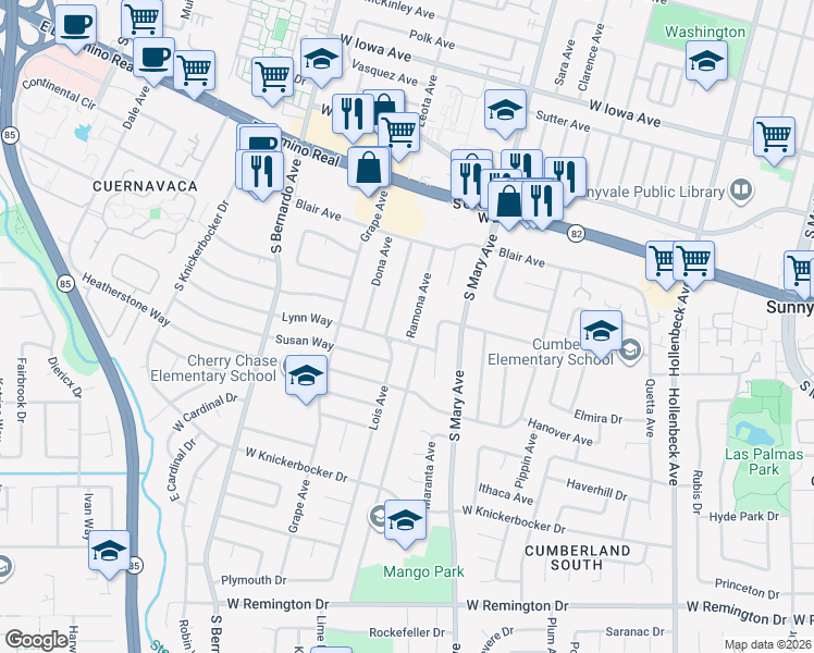 map of restaurants, bars, coffee shops, grocery stores, and more near 807 Ramona Avenue in Sunnyvale
