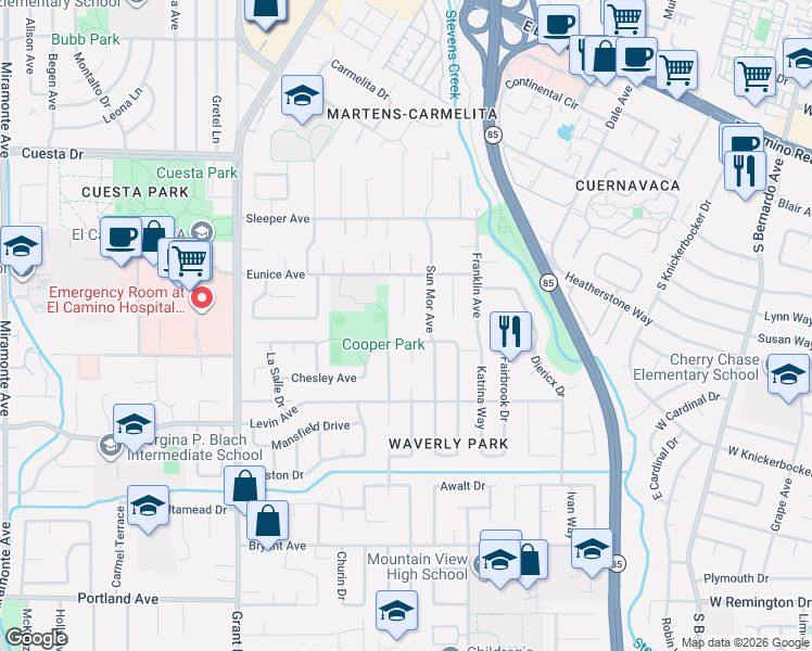 map of restaurants, bars, coffee shops, grocery stores, and more near 508 Chesley Avenue in Mountain View