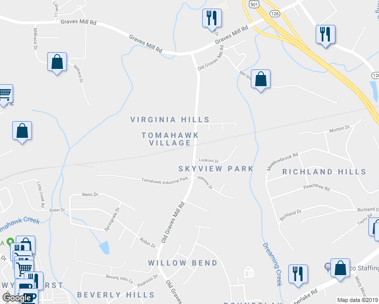 map of restaurants, bars, coffee shops, grocery stores, and more near 925 Old Graves Mill Road in Lynchburg