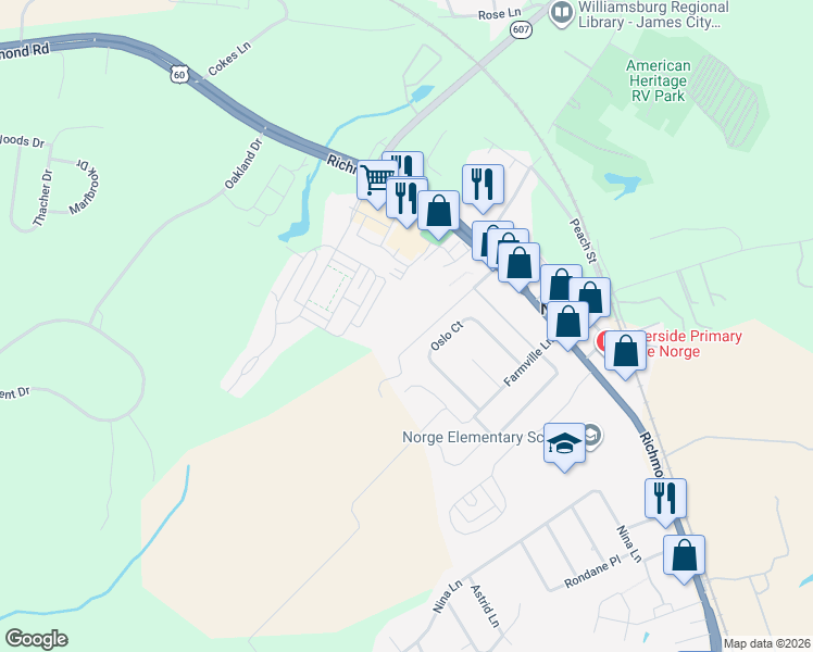 map of restaurants, bars, coffee shops, grocery stores, and more near 121-199 Old Church Road in Williamsburg