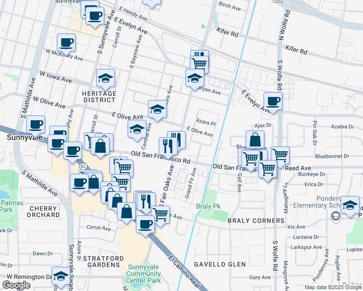 map of restaurants, bars, coffee shops, grocery stores, and more near 556 South Fair Oaks Avenue in Sunnyvale