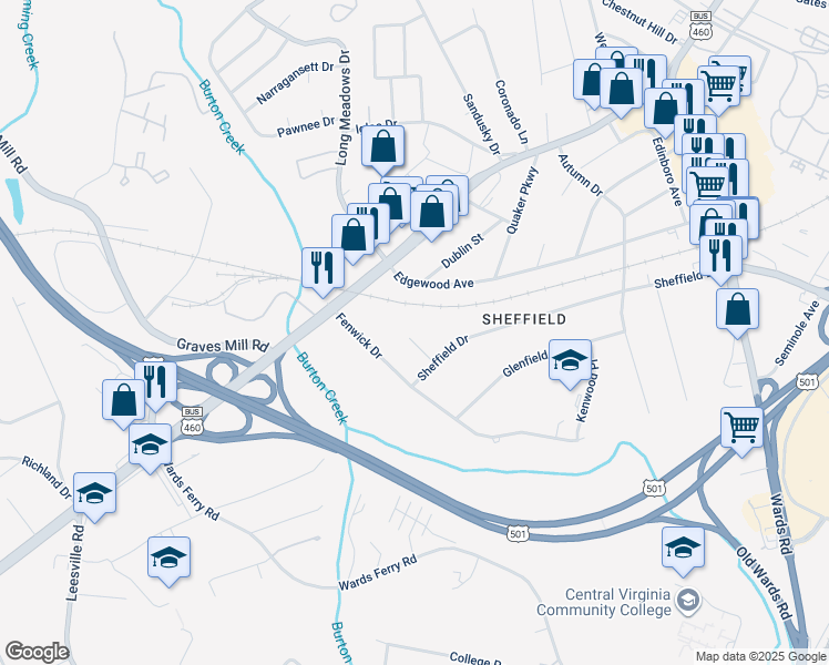 map of restaurants, bars, coffee shops, grocery stores, and more near 1204 Regent Place in Lynchburg