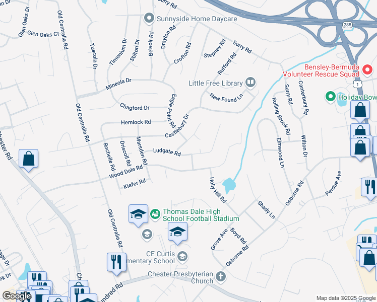 map of restaurants, bars, coffee shops, grocery stores, and more near 3400 Ludgate Road in Chester