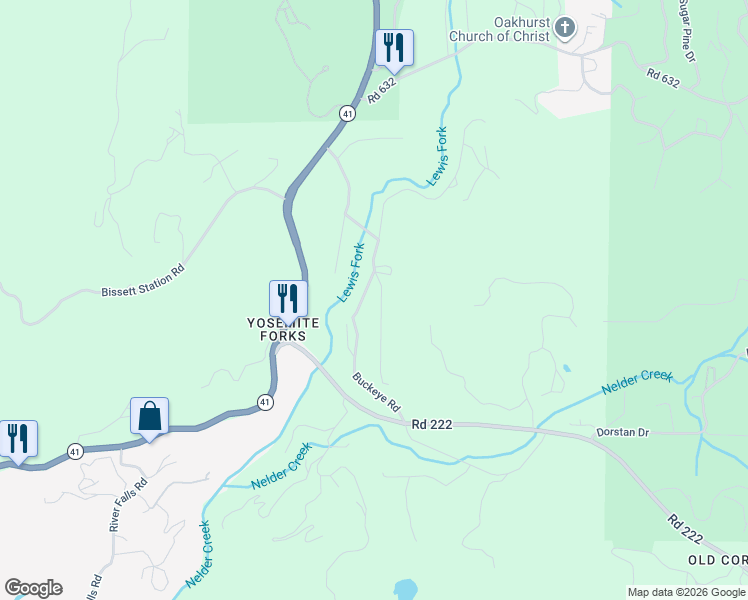 map of restaurants, bars, coffee shops, grocery stores, and more near 42585 Buckeye Road in Oakhurst