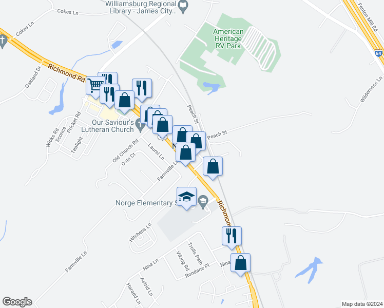map of restaurants, bars, coffee shops, grocery stores, and more near 108 Peninsula Street in Williamsburg