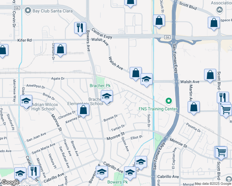 map of restaurants, bars, coffee shops, grocery stores, and more near 2665 Chromite Drive in Santa Clara