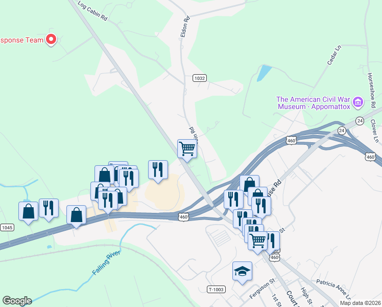 map of restaurants, bars, coffee shops, grocery stores, and more near 134 Bible Baptist Road in Appomattox