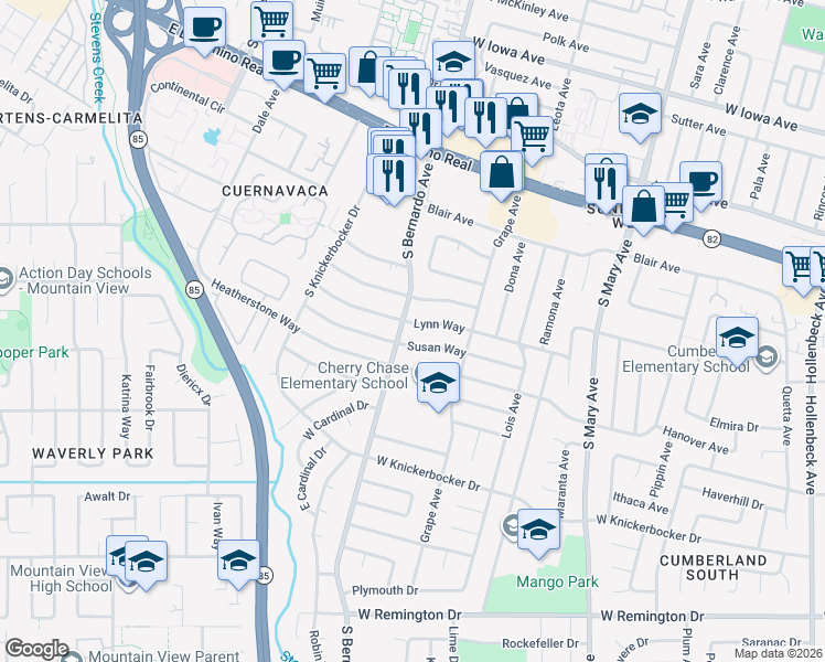 map of restaurants, bars, coffee shops, grocery stores, and more near 1159 Susan Way in Sunnyvale
