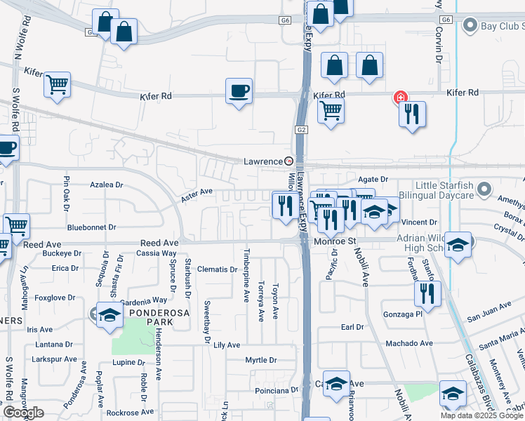 map of restaurants, bars, coffee shops, grocery stores, and more near 11558 Willow Avenue in Sunnyvale