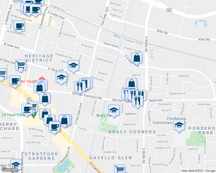 map of restaurants, bars, coffee shops, grocery stores, and more near 518 Ironwood Terrace in Sunnyvale