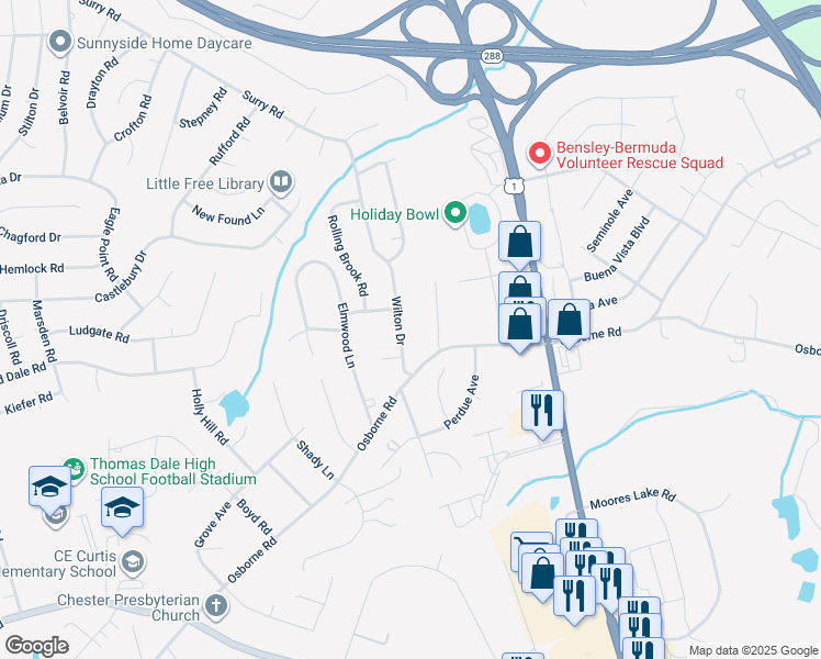 map of restaurants, bars, coffee shops, grocery stores, and more near 11617 Wilton Drive in Chester