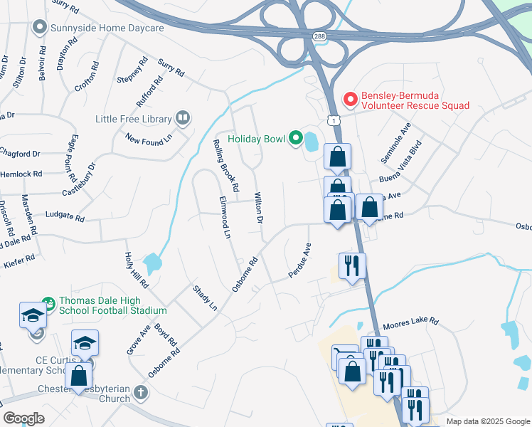 map of restaurants, bars, coffee shops, grocery stores, and more near 11617 Wilton Drive in Chester