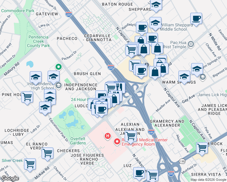 map of restaurants, bars, coffee shops, grocery stores, and more near 2351 McKee Road in San Jose