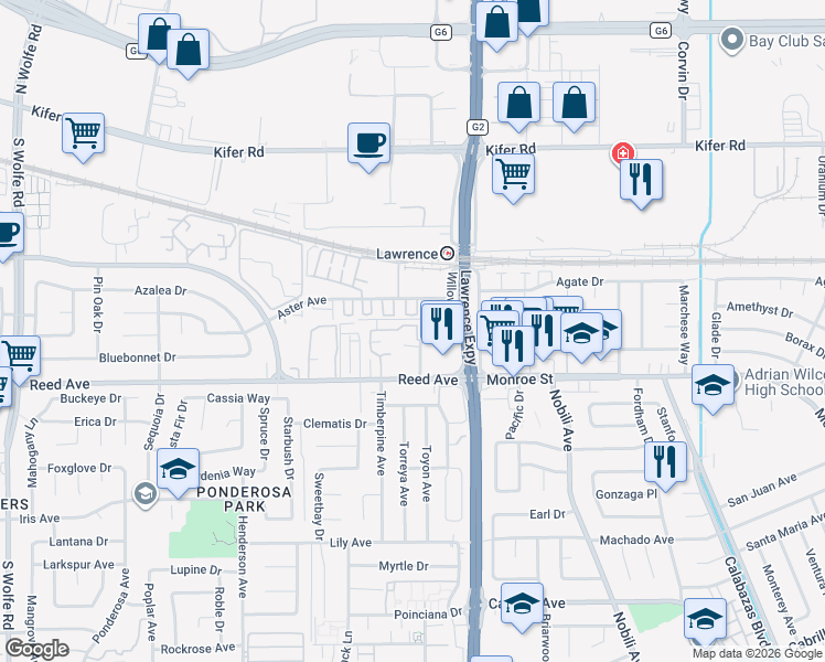 map of restaurants, bars, coffee shops, grocery stores, and more near 11558 Willow Avenue in Sunnyvale