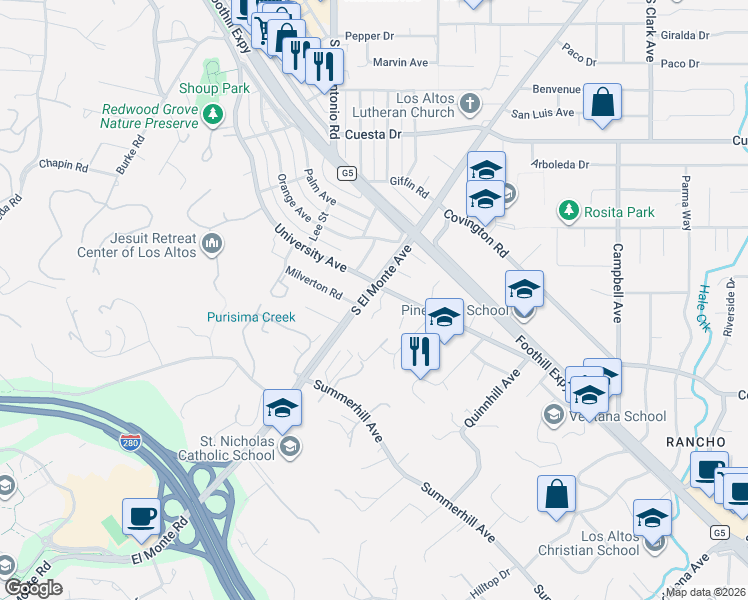 map of restaurants, bars, coffee shops, grocery stores, and more near 816 Amber Lane in Los Altos