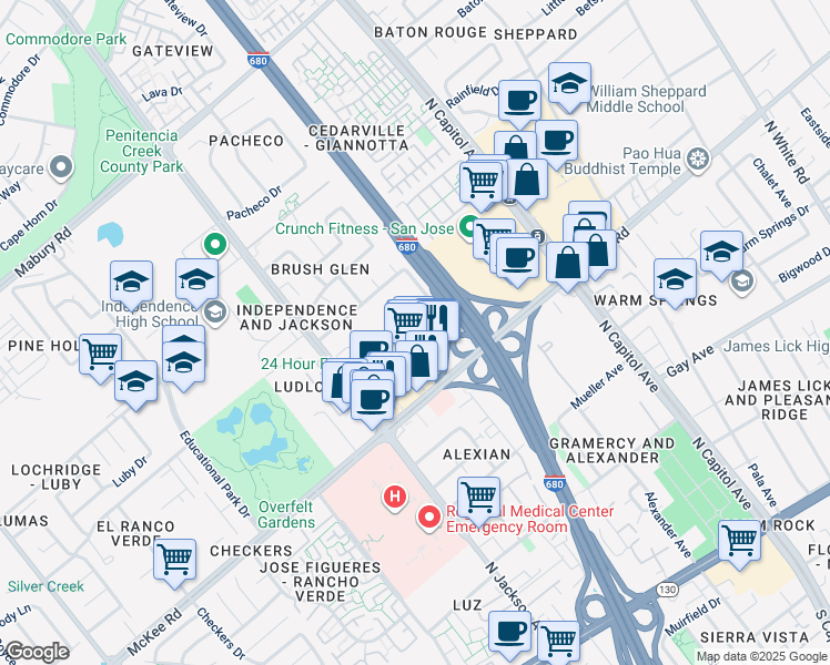 map of restaurants, bars, coffee shops, grocery stores, and more near 385 Caribe Way in San Jose