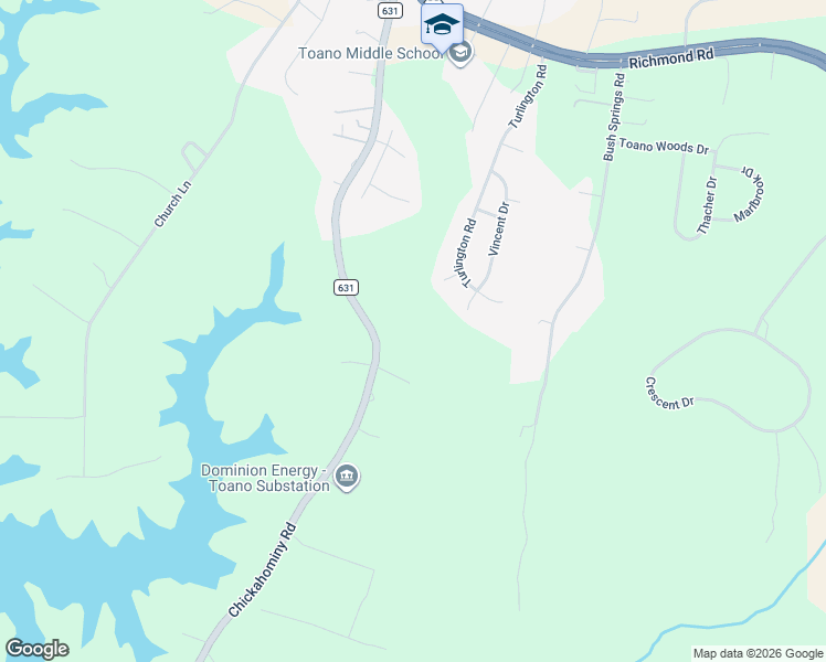 map of restaurants, bars, coffee shops, grocery stores, and more near 3295 Chickahominy Road in Toano