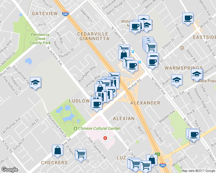 map of restaurants, bars, coffee shops, grocery stores, and more near 385 Caribe Way in San Jose
