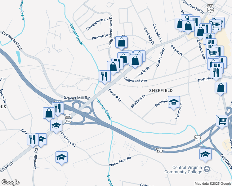 map of restaurants, bars, coffee shops, grocery stores, and more near 1204 Fenwick Drive in Lynchburg