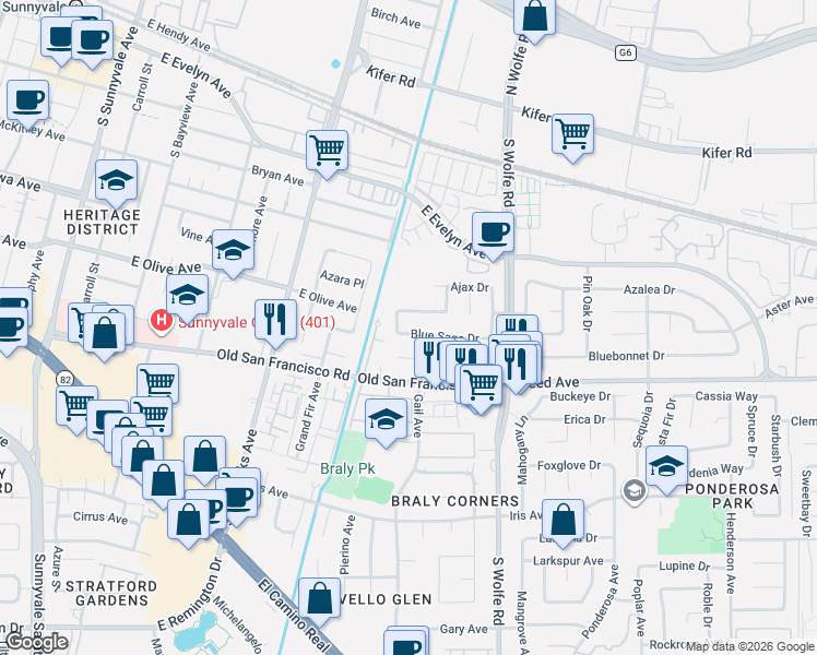 map of restaurants, bars, coffee shops, grocery stores, and more near 742 Blue Sage Drive in Sunnyvale