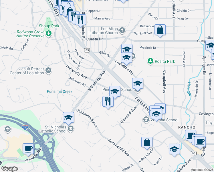 map of restaurants, bars, coffee shops, grocery stores, and more near 807 University Avenue in Los Altos