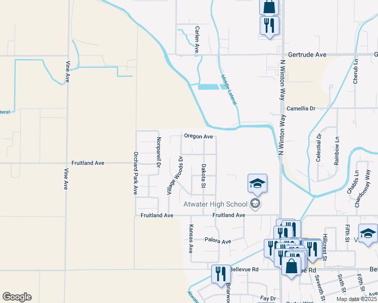 map of restaurants, bars, coffee shops, grocery stores, and more near 3435 Suzanne Court in Atwater