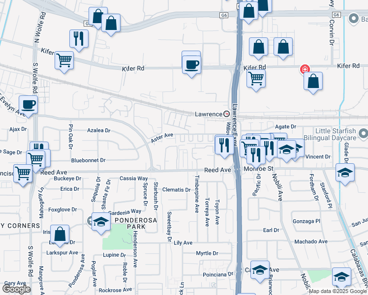 map of restaurants, bars, coffee shops, grocery stores, and more near 1042 Reed Terrace in Sunnyvale