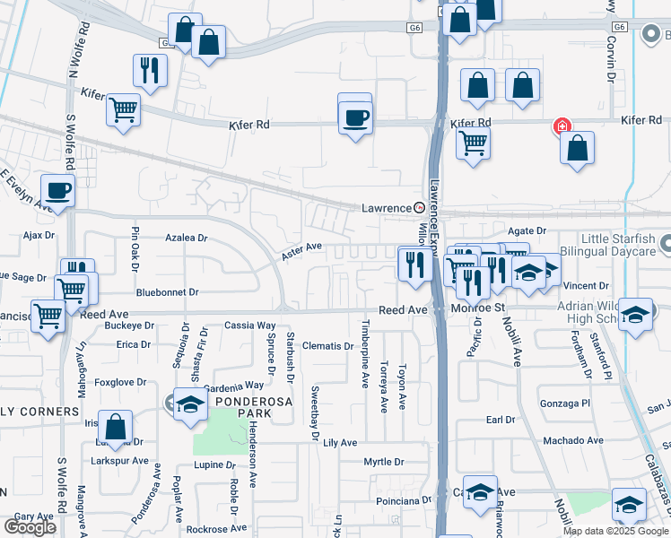 map of restaurants, bars, coffee shops, grocery stores, and more near 1042 Reed Terrace in Sunnyvale