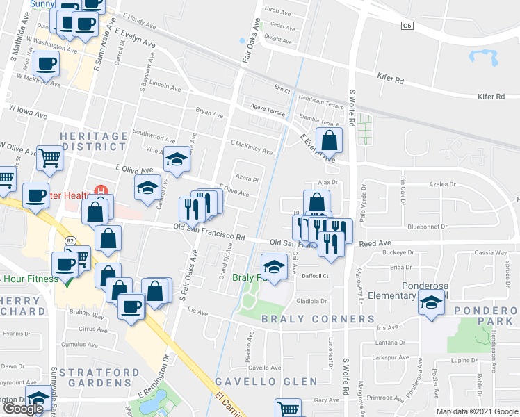 map of restaurants, bars, coffee shops, grocery stores, and more near 518 Ironwood Terrace in Sunnyvale