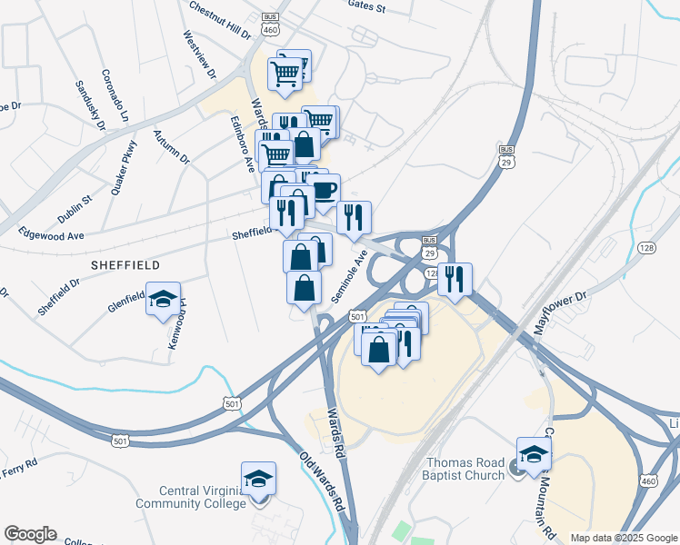map of restaurants, bars, coffee shops, grocery stores, and more near 5645 Seminole Avenue in Lynchburg