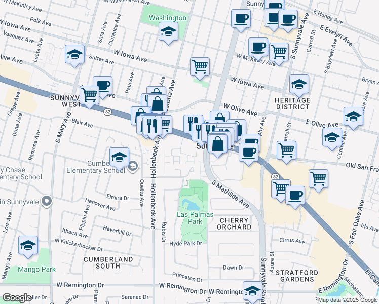 map of restaurants, bars, coffee shops, grocery stores, and more near 541 Holthouse Terrace in Sunnyvale